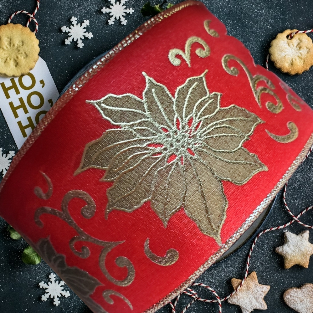 Kirkland Wire Edged Ribbon Red & Gold Poinsettia 2.5" Wide Costco Soft Satin